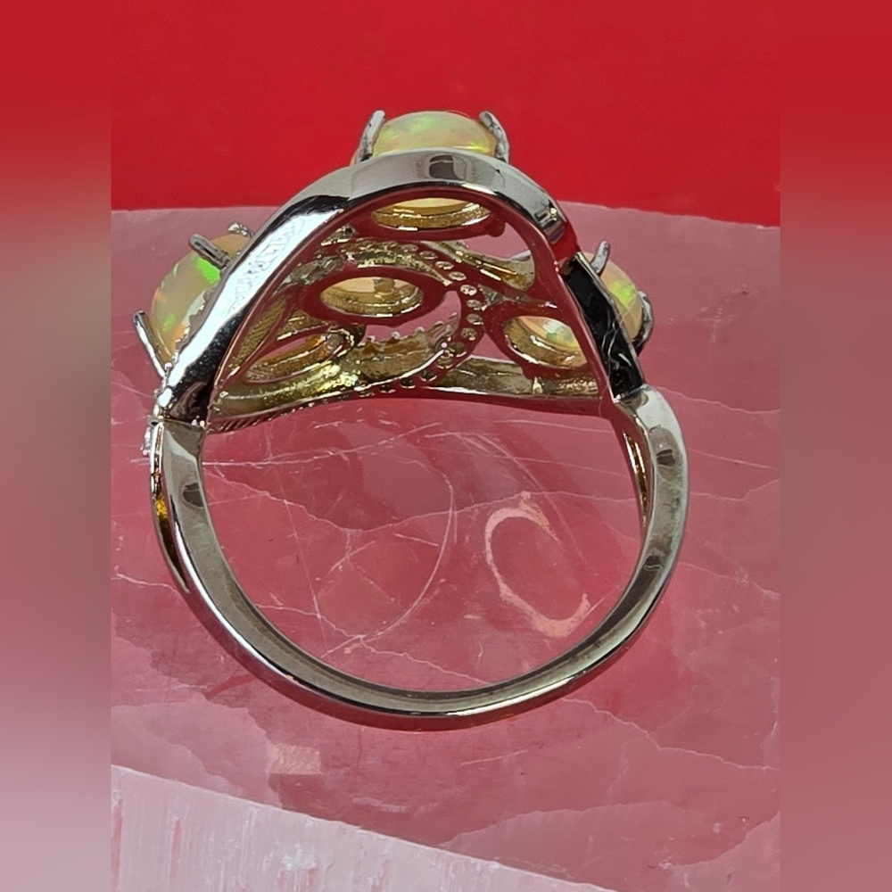 925 Sterling Silver Ring with Natural White Opals & CZ - Picture 8 of 9
